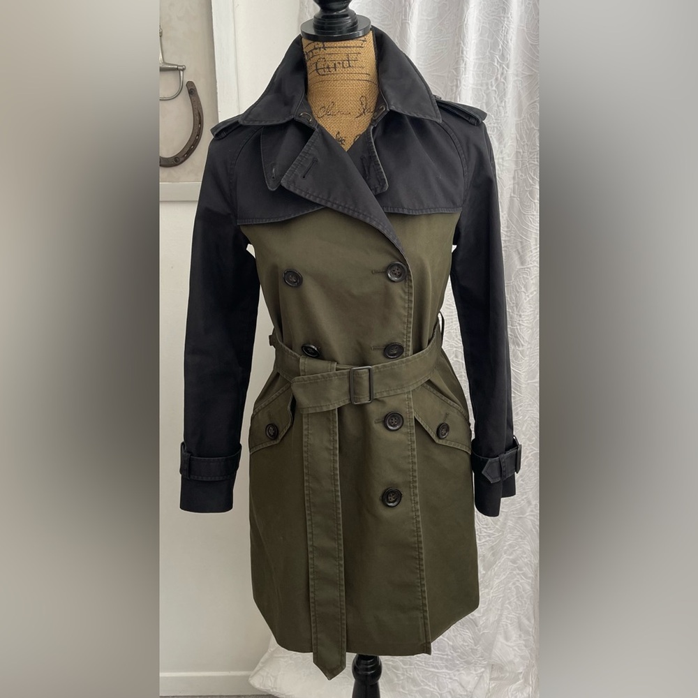 Coach Colorblock Trench Coat Jacket Military Multi Green & Black Lined Size XS